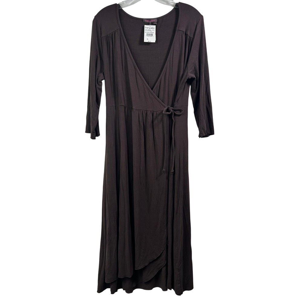 Fresh Produce Brown Faux Wrap Me Up Dress XL NWT 3/4 Sleeve V-Neck Midi USA Made